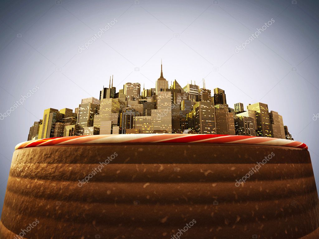 Downtown skyscrapers on a big cake