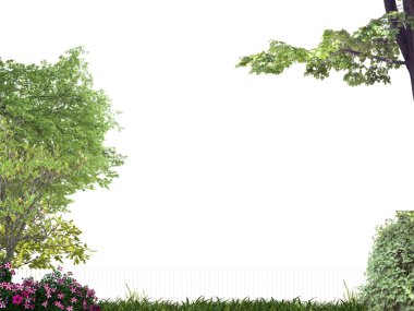 Garden populated by plants and trees isolated on white background clipart