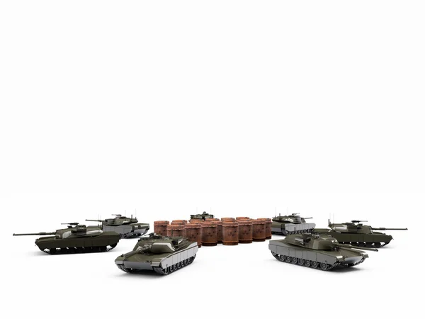 Tanks defend radioactive barrels — Stock Photo, Image