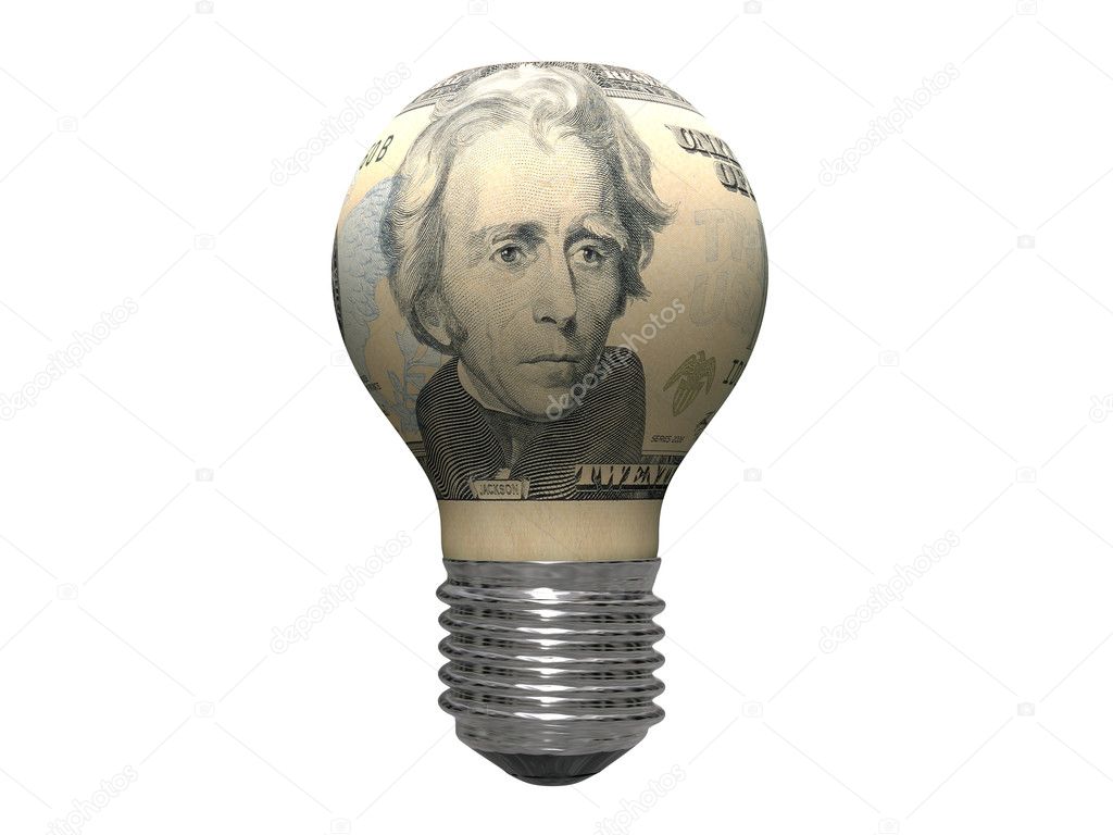 Twenty-dollar light bulb isolated on white background
