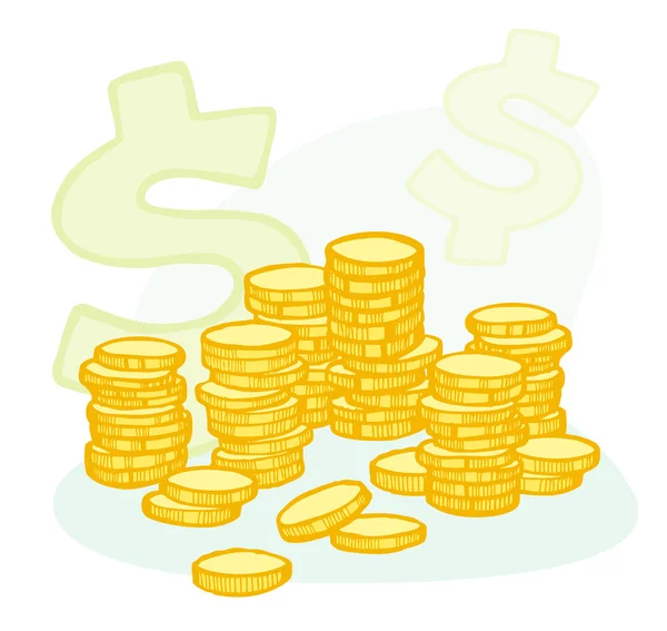 Ručně tažené mince hromádky a peníze symboly — Stockový vektor