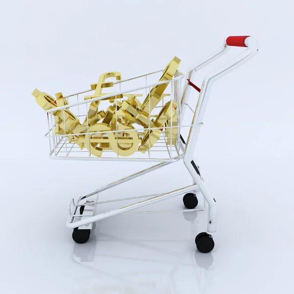 3d shopping cart with currency symbol — Stock Photo, Image