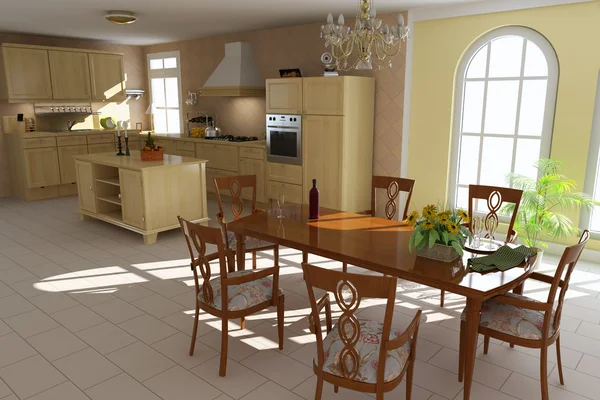 3D renderowania klasyczna jadalnia i kuchnia — Zdjęcie stockowe