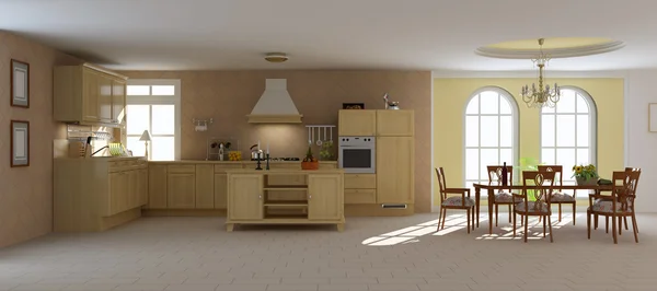 3d renderizar sala de jantar clássico e cozinha — Fotografia de Stock