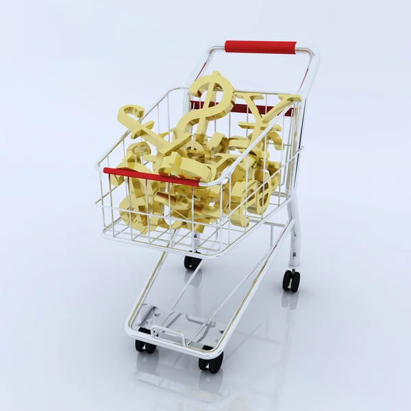 3d shopping cart with currency symbol — Stock Photo, Image