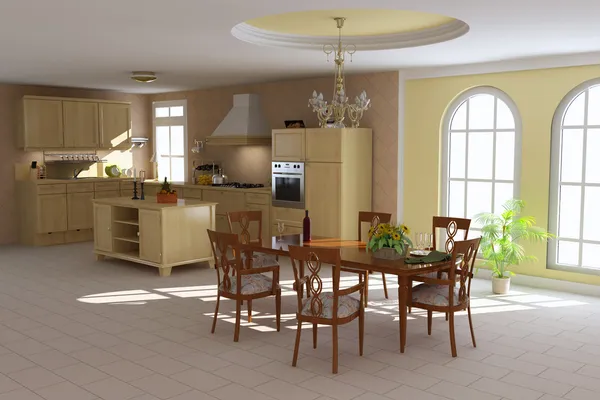 3D render klasik yemek odası ve mutfak — Stok fotoğraf