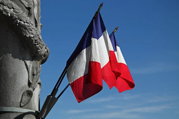 Frans leeuwenvlaggetjes op een oorlogsmonument — Stockfoto