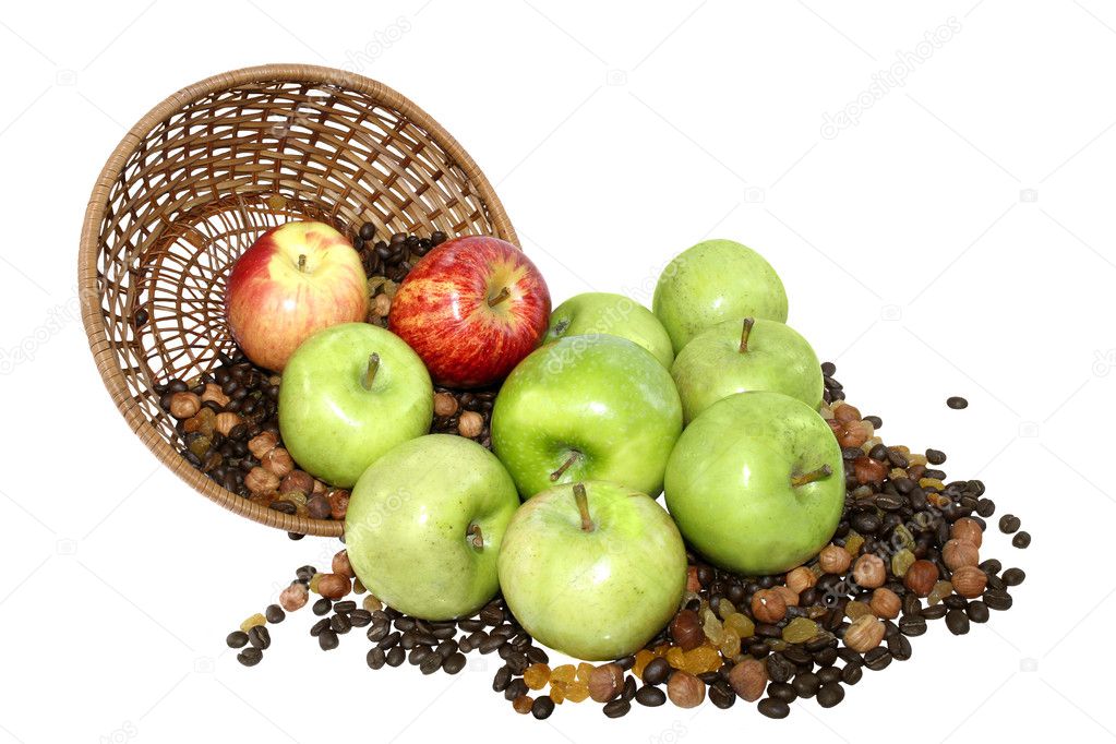 Apples in basket with grains isolated on white