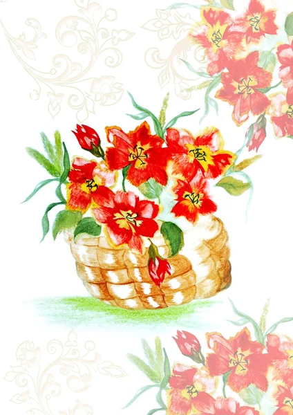 Αφηρημένη ζωγραφική λουλούδια σε καλάθι — Φωτογραφία Αρχείου