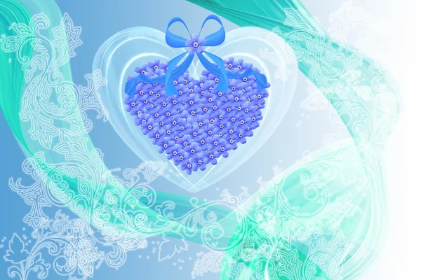 抽象情人节卡用蓝色的花的心 — 图库照片