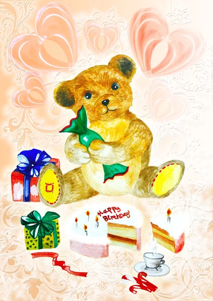 Teddy urso cartão de aniversário — Fotografia de Stock