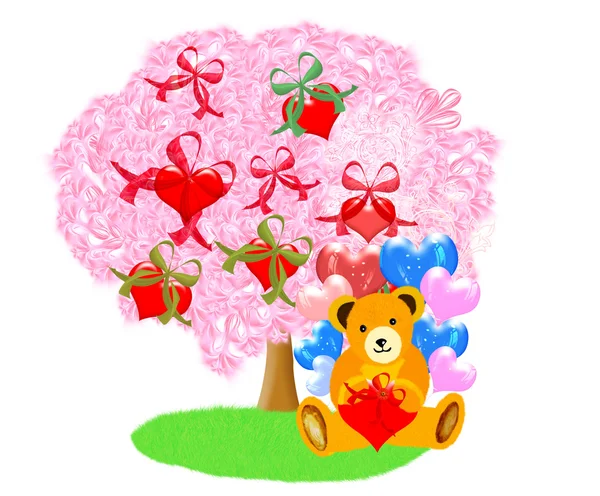 Painted teddy bear under blossoming tree — Stock Photo, Image