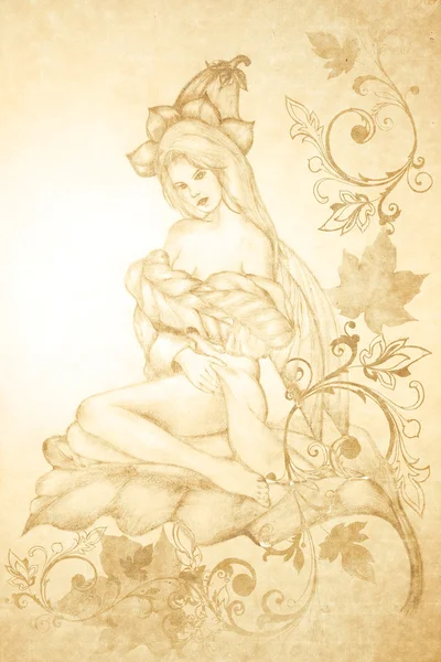 Beautiful drawing girl on a old paper back — Zdjęcie stockowe
