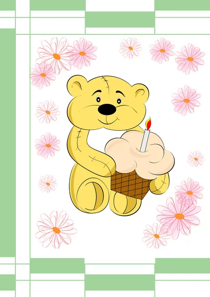 Aantrekkelijk en mooie kaart met een beer en taart — Stockfoto