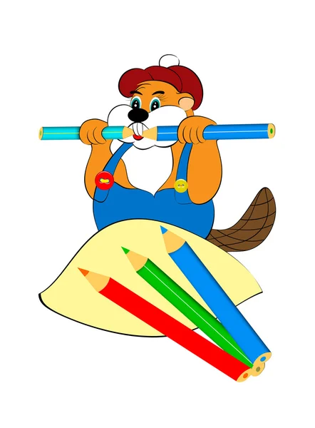 Funny beaver gnaws pencils — Stock Photo, Image