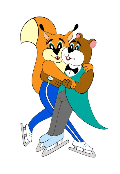 Cartoon couple of squirrels on skates — Stock Photo, Image