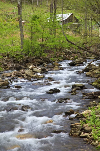 Gebirgsbach und Scheune — Stockfoto