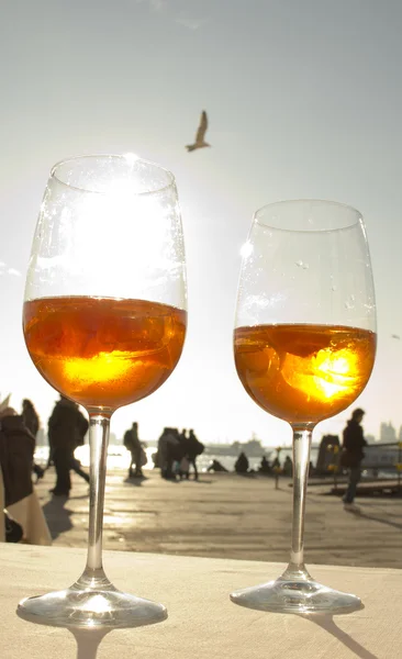 Две рюмки венецианского напитка и чайка — стоковое фото