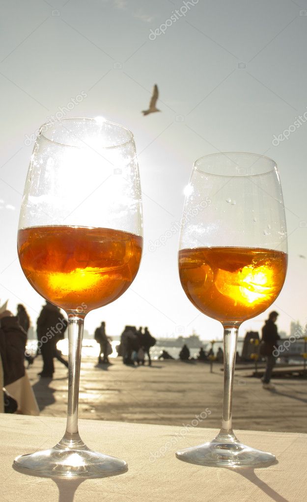 Two glases of Venetian drink and a seagull
