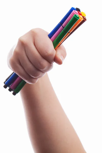 Ręka z kolorowe długopisy — Zdjęcie stockowe