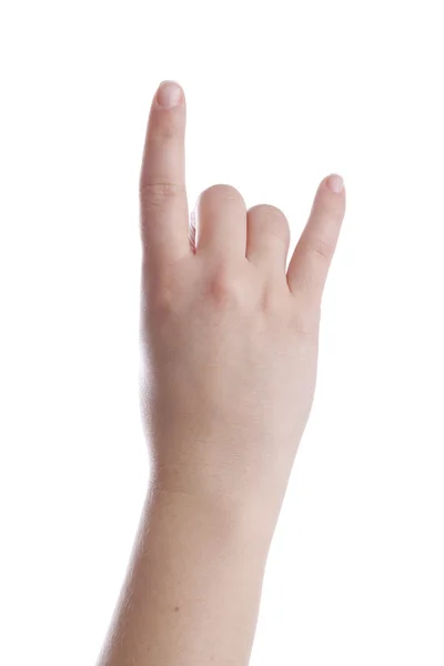 Vrouwelijke hand metalen teken weergegeven: — Stockfoto