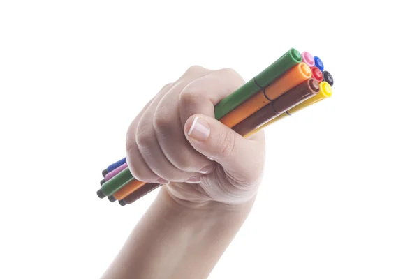 Χέρι με πολύχρωμα στυλό — Φωτογραφία Αρχείου