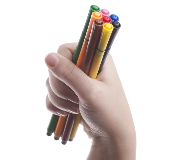 Hand mit bunten Kugelschreibern — Stockfoto