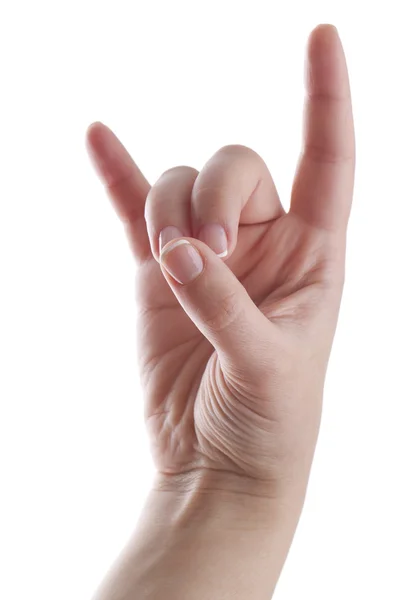 Female hand showing metal sign — Stock Photo, Image