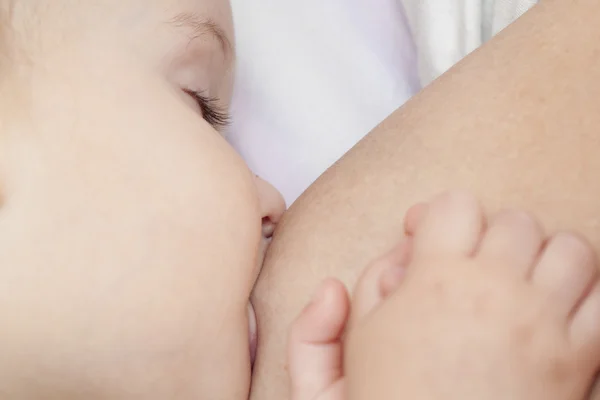 Baby breastfeeded in bed — Stockfoto