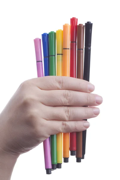 Mão com canetas coloridas — Fotografia de Stock