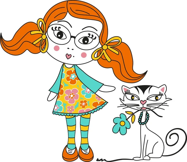女の子と猫 — ストックベクタ