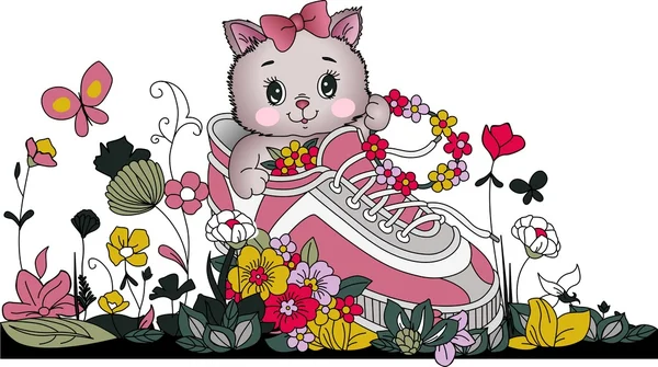 Gatito en tenis con flores — Vector de stock