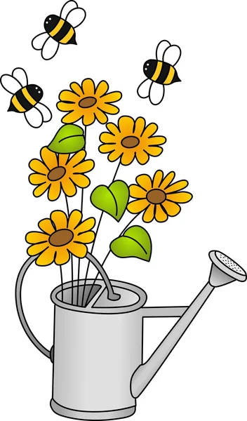 Annaffiatoio con fiori e api — Vettoriale Stock