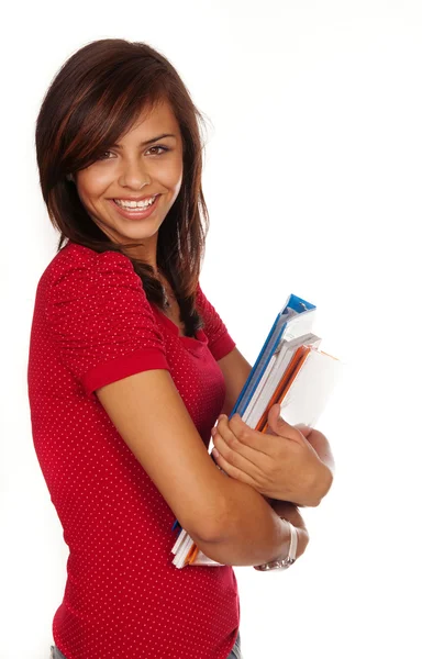 Sorrindo estudante universitário segurando suprimentos — Fotografia de Stock