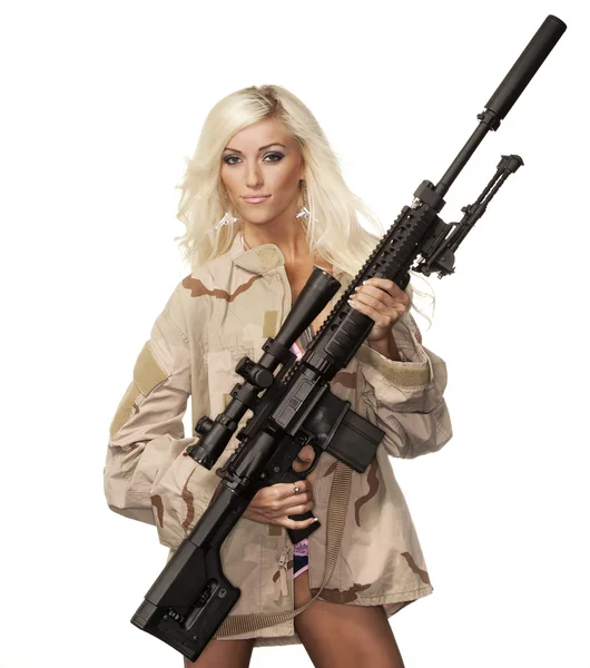stock image Woman modelling with high power fire gun