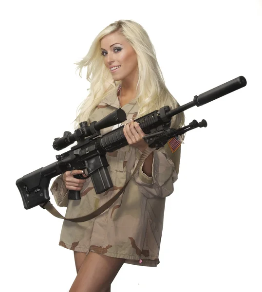 Woman modelling with high power fire gun — Stock Photo, Image