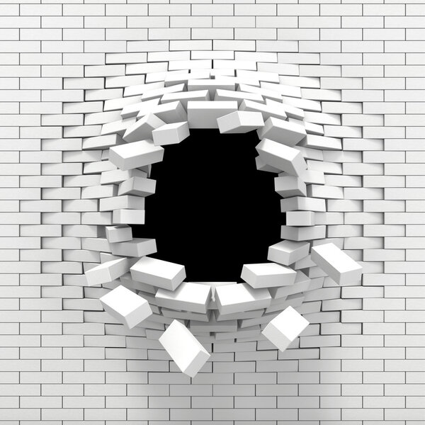 Destruction of a white brick wall