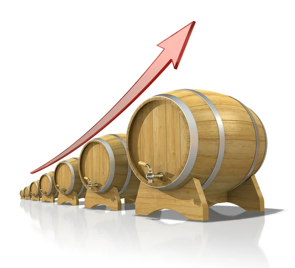 Wooden barrels with increasing arrow — Stock Photo, Image