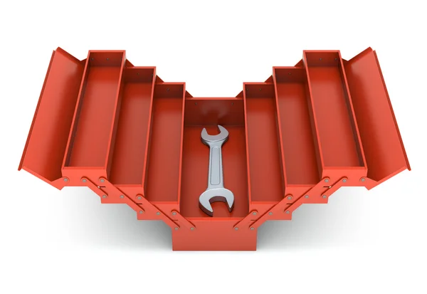 Caixa de ferramentas vermelha e chave inglesa — Fotografia de Stock