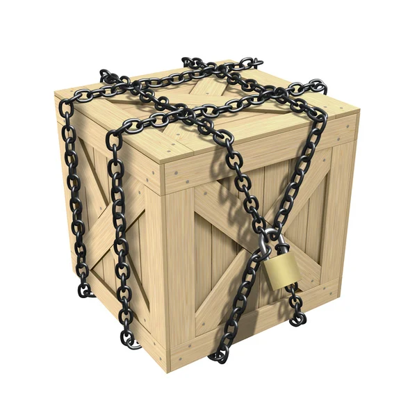 Caja de madera 3D con la cadena —  Fotos de Stock