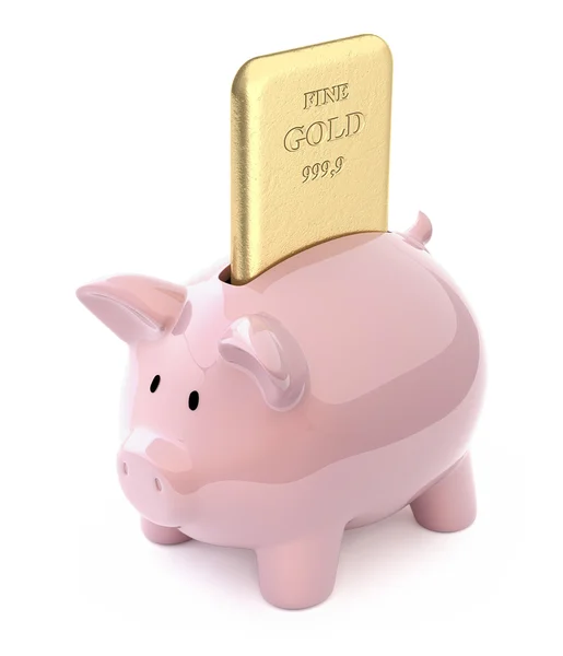 Gold bar in piggy bank — Stock Photo, Image
