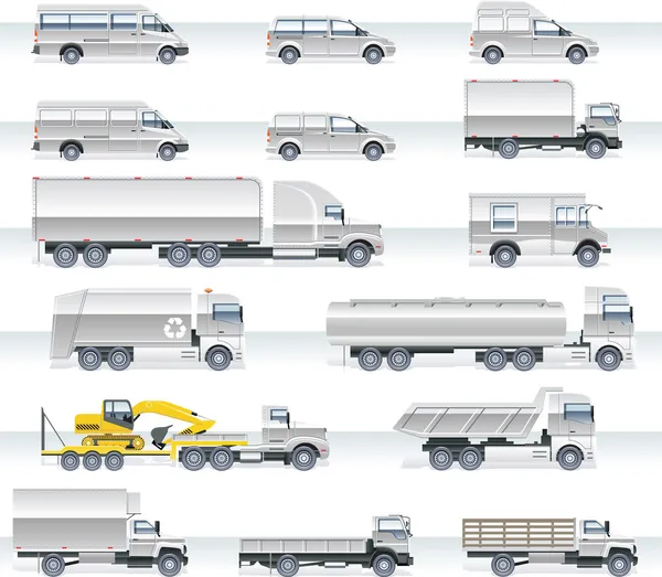 Set di icone per il trasporto vettoriale. Camion e furgoni — Vettoriale Stock