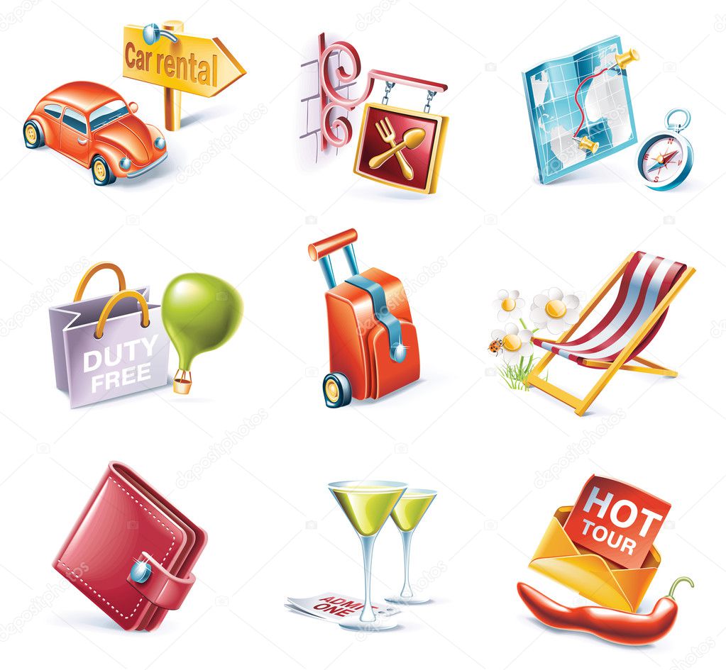 Vector cartoon style icon set. Part 15. Traveling