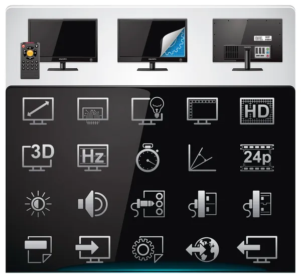 Caratteristiche TV vettoriale e specifiche set di icone — Vettoriale Stock