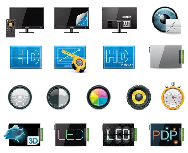 Vector TV características e especificações conjunto de ícones —  Vetores de Stock