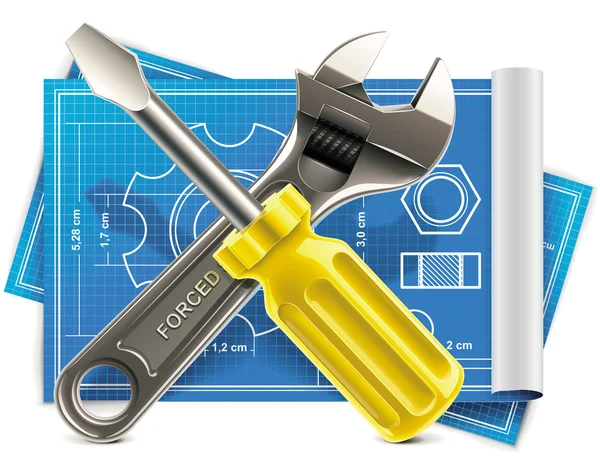 Vector wrench and screwdriver on blueprint XXL icons — Stock Vector