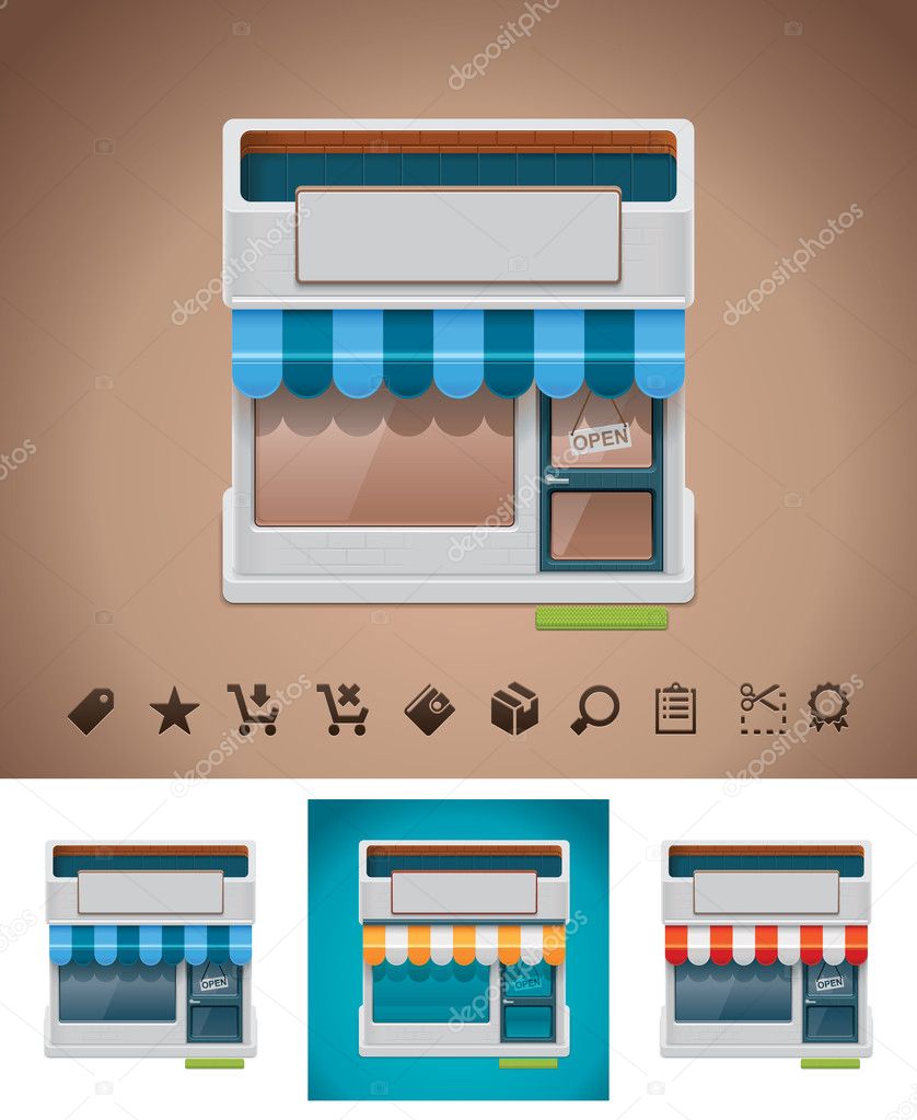 Vector shop icon with related pictograms