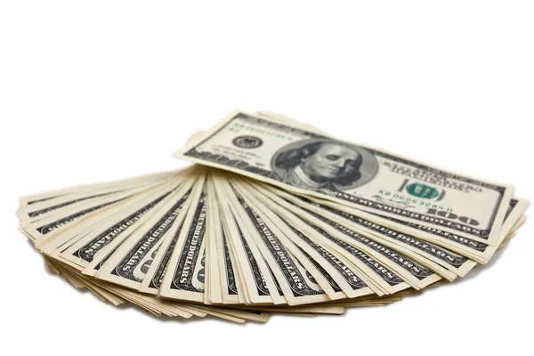 Ventilador de dólares em um fundo branco — Fotografia de Stock