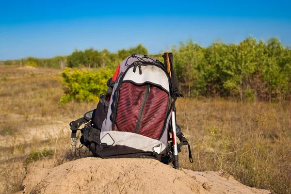 Touristic backpack in a steppe — Stock Photo, Image