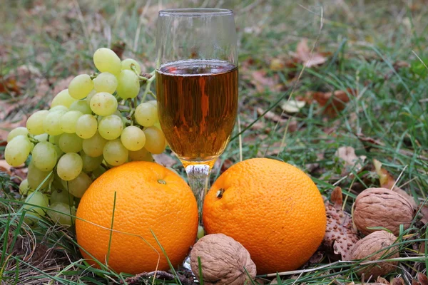 Glass of white wine among a fruits in the grass — Stock Photo, Image